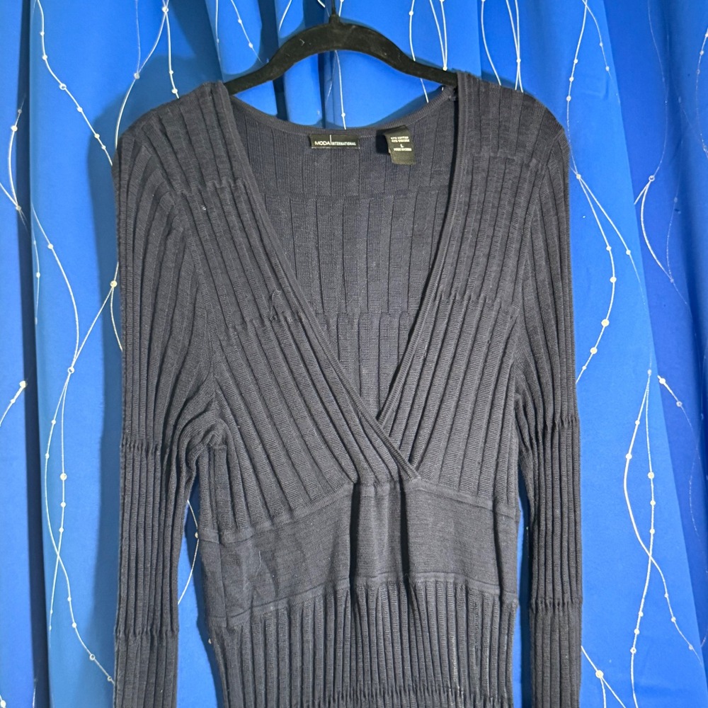 MODA INTERNATIONAL Blue Ribbed Knit Wrap V Neck Long Sleeve Midi Dress Size L